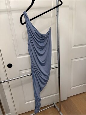 Aakaa One-Shoulder Draped Maxi Dress in Dusty Blue